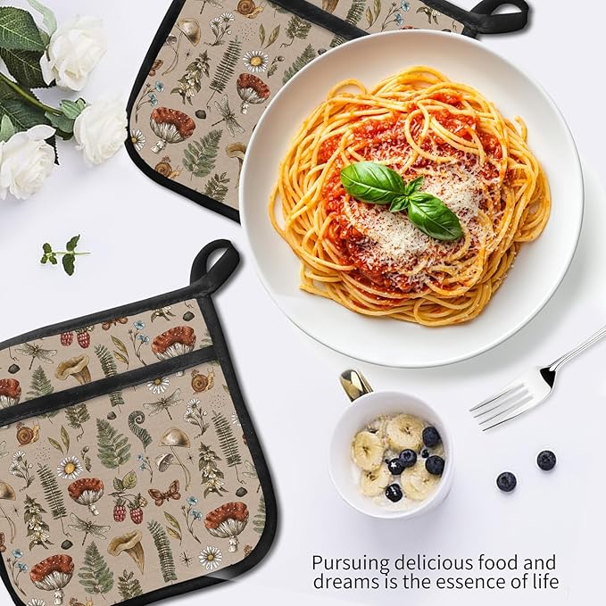 2 Pack Pot Holders for Kitchen Clearance, Cute Hot Pads, Funny Oven Pot Holders, Potholders Sets for Kitchen Heat Resistant Brown Boho Mushrooms