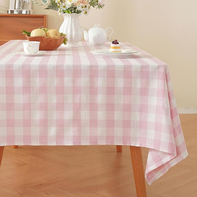 Alsoo Gingham Tablecloth Rectangle Checkered Table Cloth Cotton Linen Fabric Wrinkle Free Washable Buffalo Plaid Table Cover for Kitchen Dining Picnic Camping, Pink and White, 60 * 60 inch