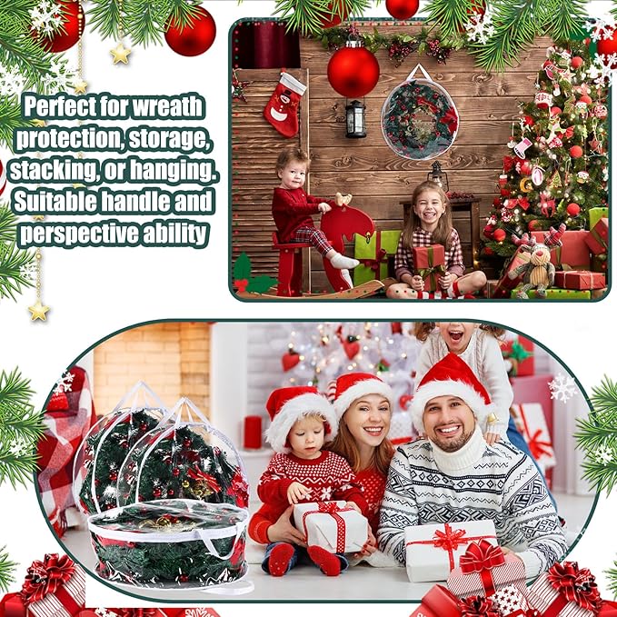 Zhengmy 15 Pcs 30 Inch Christmas Wreath Storage Bags Transparent Wreath Storage Container Bulk Wreaths Box with Dual Zippers and Handles for Xmas Holiday Wreaths Garland