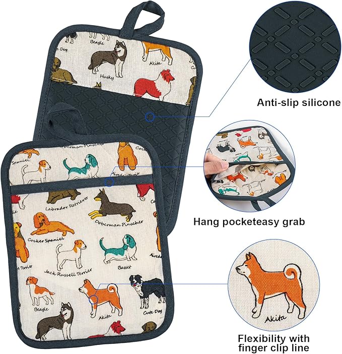 Oven Mitts and Pot Holders with Chef Apron,Set of 5 Heat Resistant Kitchen Gloves and Silicone Non-Slip Potholders Adjustable Neck Buckle Chef Apron, Cotton Nice Design for Cooking (Dog)
