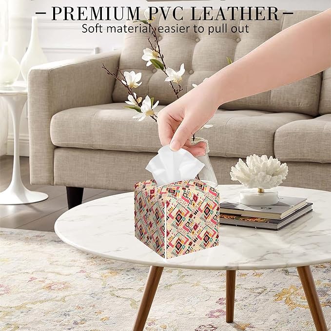 POIUBLE Tissue Box Holder Tribal Geometric Tissue Box Cover Square Leather Tissue Holder Organizer Portable Decorative Facial Paper Case for Home Office Bathroom Vanity Countertop