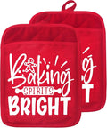 Red Christmas Baker Pot Holders with Pockets, Baking Spirits Bright Holiday Christmas Gingerbread Oven Pot Holders Heat Resistant Oven Mitts Hot Pads for Kitchen Baking Cooking