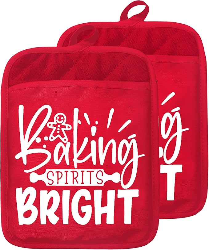 Red Christmas Baker Pot Holders with Pockets, Baking Spirits Bright Holiday Christmas Gingerbread Oven Pot Holders Heat Resistant Oven Mitts Hot Pads for Kitchen Baking Cooking