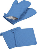 Oven Mitt + Pot Holder 100% Cotton Heat Resistant Kitchen Oven Gloves (7"x13") & Hot Pads (8"x8") for Gifts, Chef, Women & Men - Blue