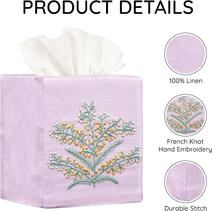 EmbroideryLinen.VN Tissue Box Cover Set of 2, Square Linen Tissue Holder, French Knot Hand Embroidered Floral Design, 4.5x4.5x5.5 Inches, Decorative Holder for Bathroom, Living Room, Office (Pink)