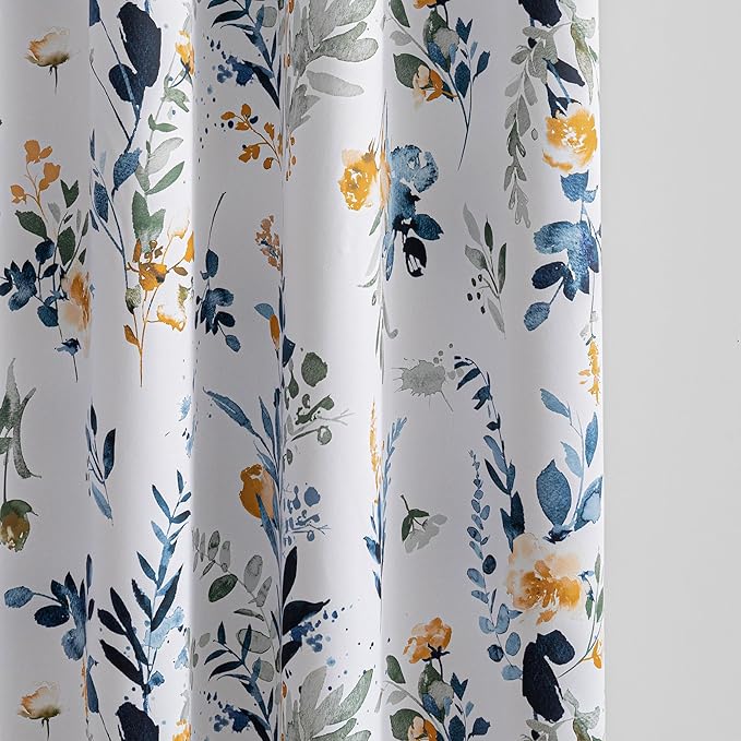 MYSKY HOME 95% Blackout Floral Curtains 90 inch Long for Bedroom Living Room Flower Patterned Room Darkening Thermal Insulated Soundproof Grommet Window Treatments, 2 Panels, 52" Wide, Yellow and Blue