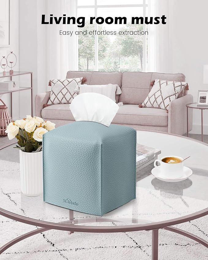 Tclouda Tissue Box Cover for PU Leather, Modern Simple Solid Color Holder Square Tissue Bag, Ideal for Bathrooms,Office,Car,Nightstand,Outdoor Tent,Dining Table,5"X5"X5", Single Blue