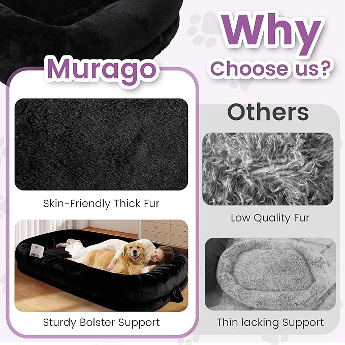 Murago Human Dog Bed for Adults, 43 x 10 x 71 Long Human Size Dog Bed, Removable Cover, Orthopedic Design, Black
