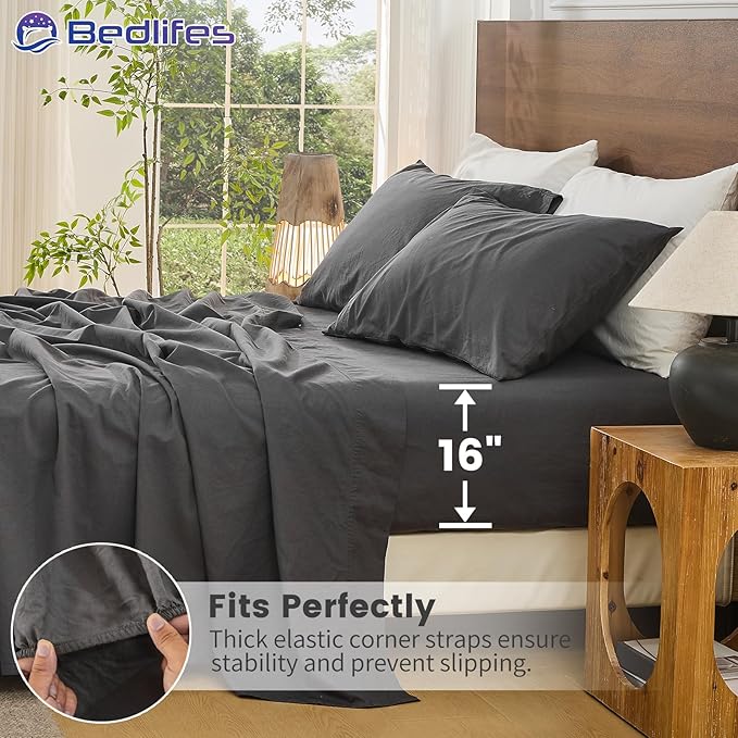 Bedlifes 100% French Pure Linen Sheets California King Size Breathable and Cooling Flax Sheet Set Soft Durable and Moisture Wicking 16 Inch Deep Pocket-4 Piece(Cal King,Dark Grey)