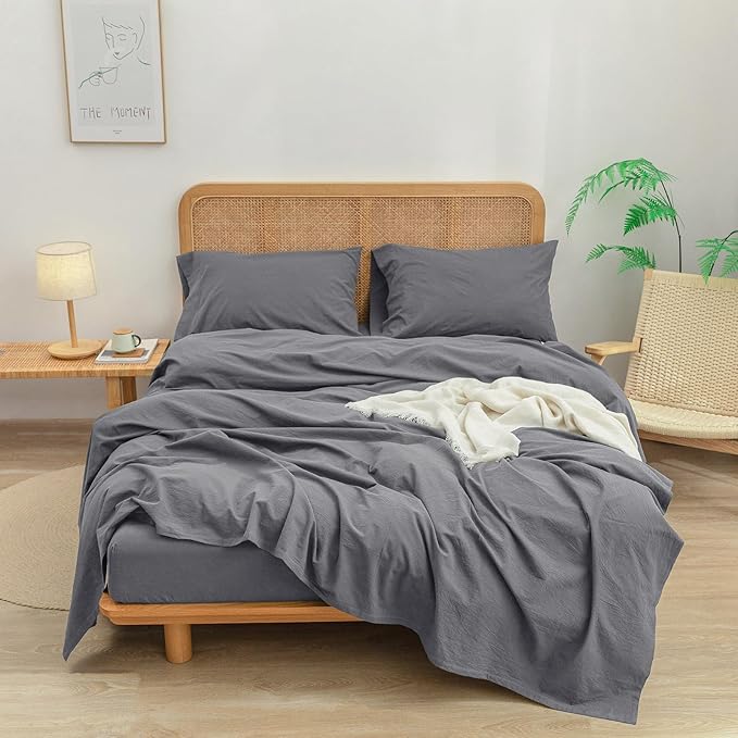 BESTOUCH Sheet Set 100% Washed Cotton Linen Feel Super Soft Comfortable Chic Lightweight 3 Pcs Home Bedding Set Solid Quiet Shade Grey Twin