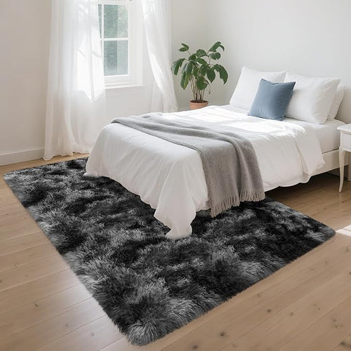 4x6 Dark Grey and Black Fluffy Rug for Bedroom Living Room Soft Fuzzy Large Shag Carpet Furry Plush Big Area Rug Indoor Kids Play Mat for Girls Boys Room Dorm Nursery Home, Tie Dye