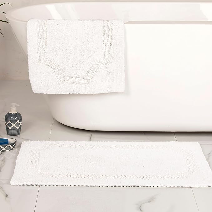 voyzz home Set of 2 Reversible Bath Rug 20x32 inch -17x24 inch | 100% Cotton Hand Tufted Soft & Absorbent Bath Mat|Washable Quick Dry Shaggy Shower Mat | Non-Slip Mordern Bathroom Decor | White…