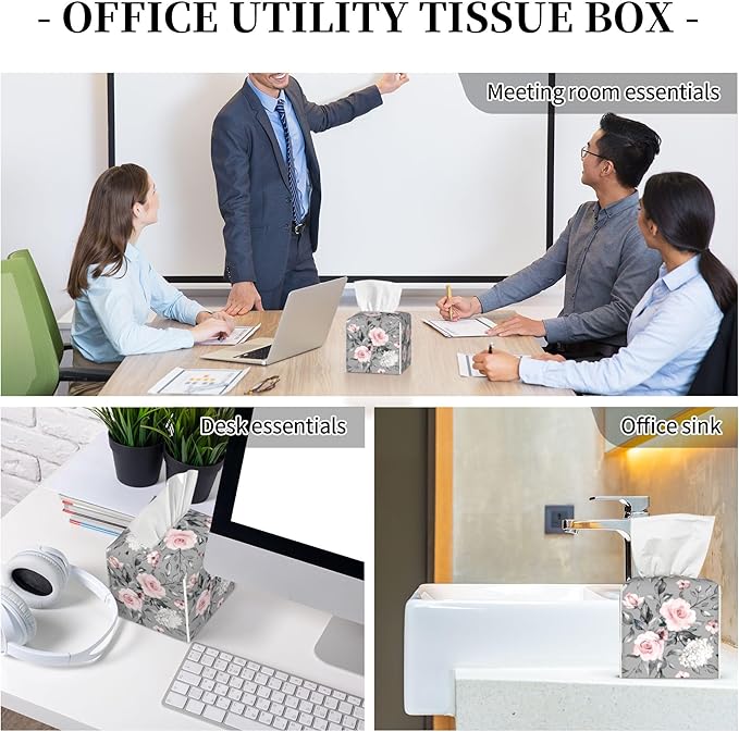 Pink Rose Flowers Tissue Box Cover Square,Colorful Spring Floral Tissue Box Holder Waterproof Leather Facial Paper Organizer Dispenser for Bathroom Home Car Nightstand Vanity Desk