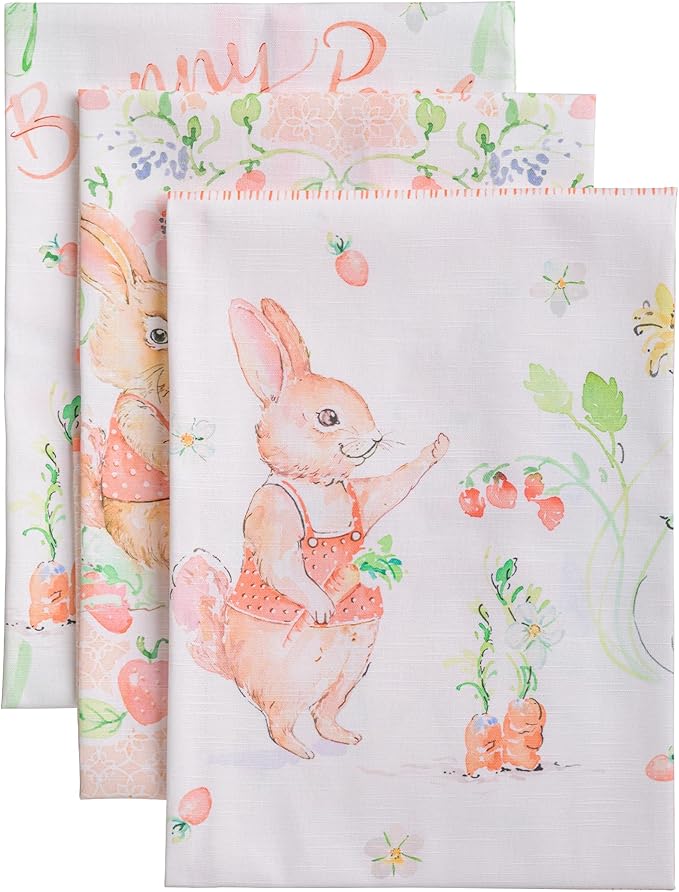 Maison d'Hermine Kitchen Towels Set of 3 100% Cotton 27.50" x 20" Reusable Cloth Tea Dish Towels Absorbent with Hanging Loop for Kitchen, Home, Dining, Cocktail Parties Spring/Summer (Bunny Party)