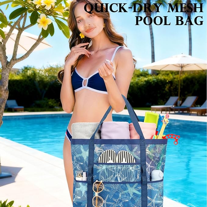 Fammart Mesh Beach Bag, Large Beach Tote with Zipper Pocket for Family Pool Bag for Toys & Vacation Essentials