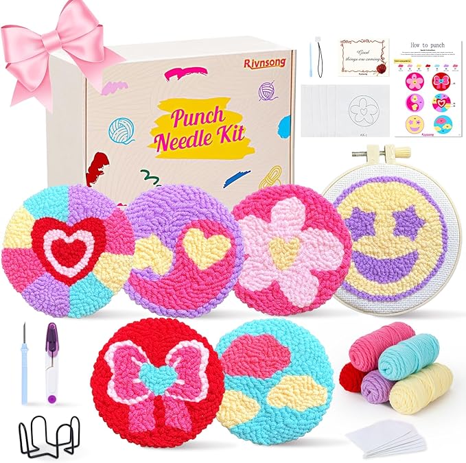 Rivnsong Punch Needle Kit for Beginners – Make 6 Life-Inspired Coasters with Hoop, Premium Monk’s Cloth & 10+ Yarn Colors | Includes Video Tutorial | Relaxing DIY Gift for Adults & Kids 8+