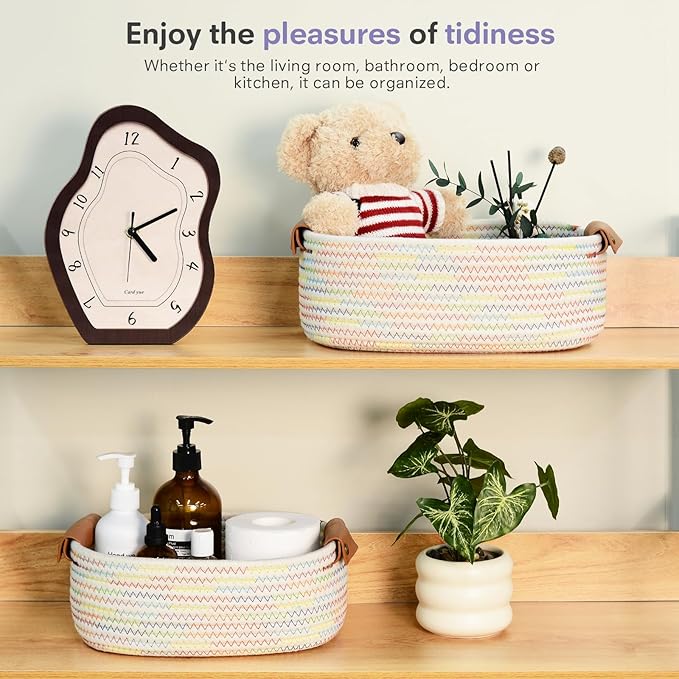 ECDYQXVU 5 Piece Storage Baskets Small Woven Basket with Detachable Leather Handle, Cotton Rope Shelf Baskets for Closet Organizers, Different Sizes Basket Decor, Rainbow