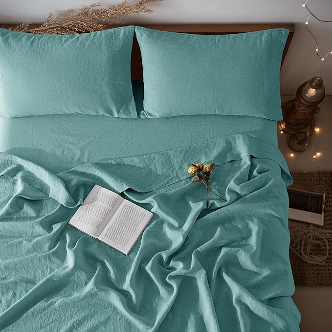 LBRO2M 100% Linen Sheet Set Twin Size,Bed Sheets 3 Piece Sets,Solid Color Natural Flax Bed Sheets Soft Breathable Bedding,16" Deep Pocket,All Season (Twin, Aqua)