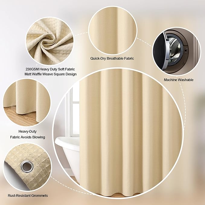 MISS SELECTEX Matt Waffle Thick Cloth Shower Curtain for Bathroom,Waterproof 230GSM Durable Fabric Hotel Shower Curtain, Machine Washable Shower Curtain,Spa Luxury Bath Curtain (72Wx84H, Linen)