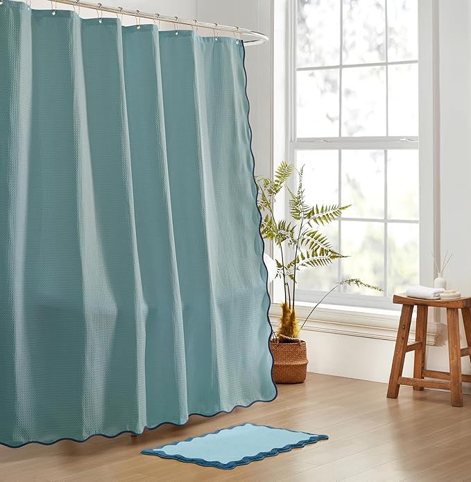 MONDAY MOOSE Scalloped Waffle Weave Shower Curtain with Rustproof Metal Grommet Holes for Bathroom, Machine Washable, Hooks Included (72x72 inch, Dark Blue/Sky Blue)