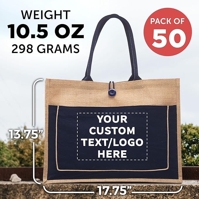 DISCOUNT PROMOS Custom Jute Tote Bags with Cotton Pocket Set of 50, Personalized Bulk Pack - Reusable, Great for Picnic, Camping, Beach, Outdoor Activities - Navy Blue