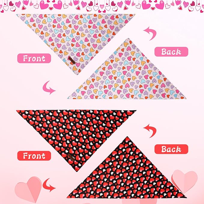 Lionet Paws Valentine's 2pcs Dog Bandanas, Black Heart & Colorful Heart Dog Scarf Bib Premium Fabric, Happy Valentine Love Bandanas for Small Medium Dogs Pets