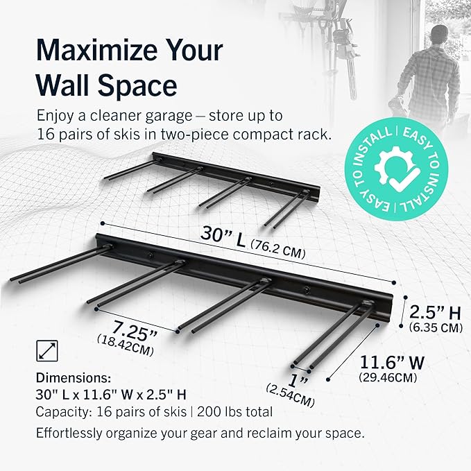 StoreYourBoard Ski Rack Wall Mount – Heavy-Duty Steel Ski Wall Mount Holds Up to 16 Pairs of Skis, Space-Saving Ski Rack for Garage, Home, or Cabin – Durable Wall Storage Organizer - Holds Up to 200lb
