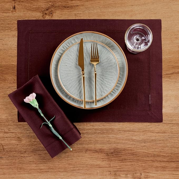 Solino Home Linen Cloth Napkins Set of 4-100% Pure Linen Burgundy Dinner Napkins 20 x 20 Inch for Valentines, Winter - Classic Hemstitch, Handcrafted and Machine Washable