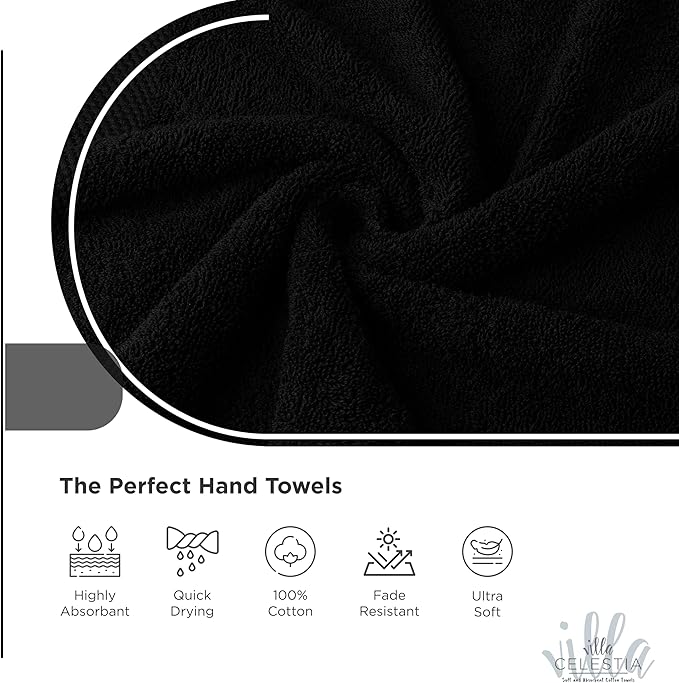 Villa Celestia 100% Cotton Hand Towel Set of 2, (16 x 28 inches) Sustainable, Soft, Highly Absorbent, Quick Drying, Combed Cotton Hand Towels Pack of 2 Ideal for Hotels, Spa, Bathroom, Dorm, Black