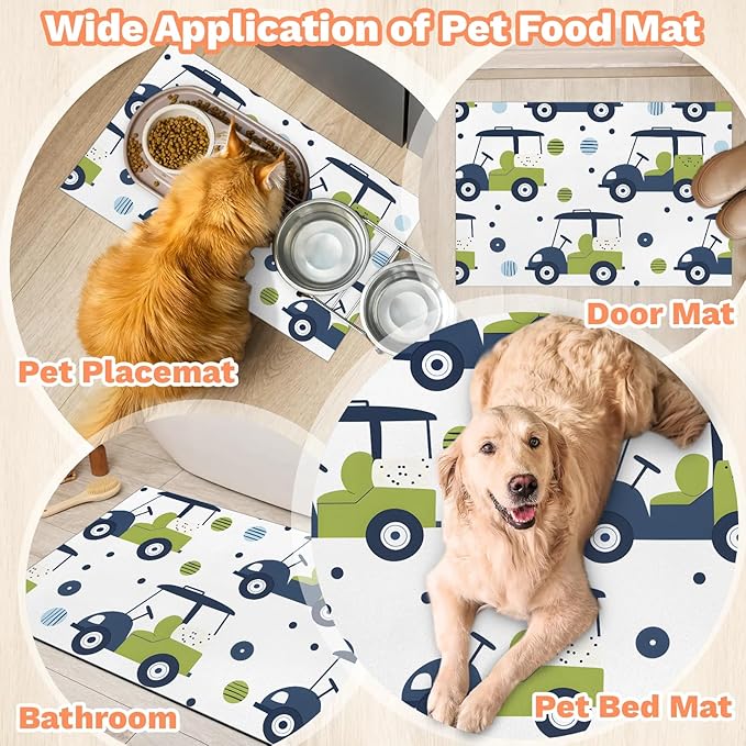 Eizlang Cartoon Golf Dog Cat Food Mat,12"x20" Inches Rapid Absorbent Pet Feeding Mat,Pets Placemat Water Bowl Mats with Rubber Backing,No Stains Cat Dog Feeding Mats Indoor,Pet Accessories Supplies