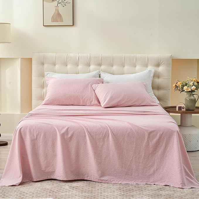 Simple&Opulence Belgian Linen Sheet Set Solid Color - 4 Pieces (1 Flat Sheet & 1 Fitted Sheet & 2 Pillowcases) Natural Flax Cotton Blend Soft Bedding Breathable Farmhouse - Pale Pink, Queen Size