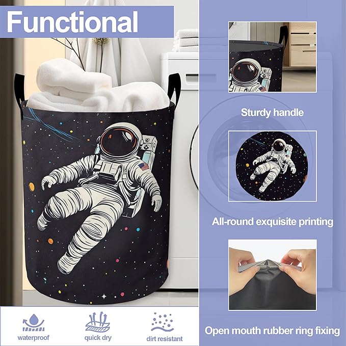 Astronauts in Space Laundry Basket-Large Foldable Hamper Holder Portable Tall Collapsible Laundry Hamper Storage Basket Bin with Handles, Canvas & Waterproof lining for Household Items