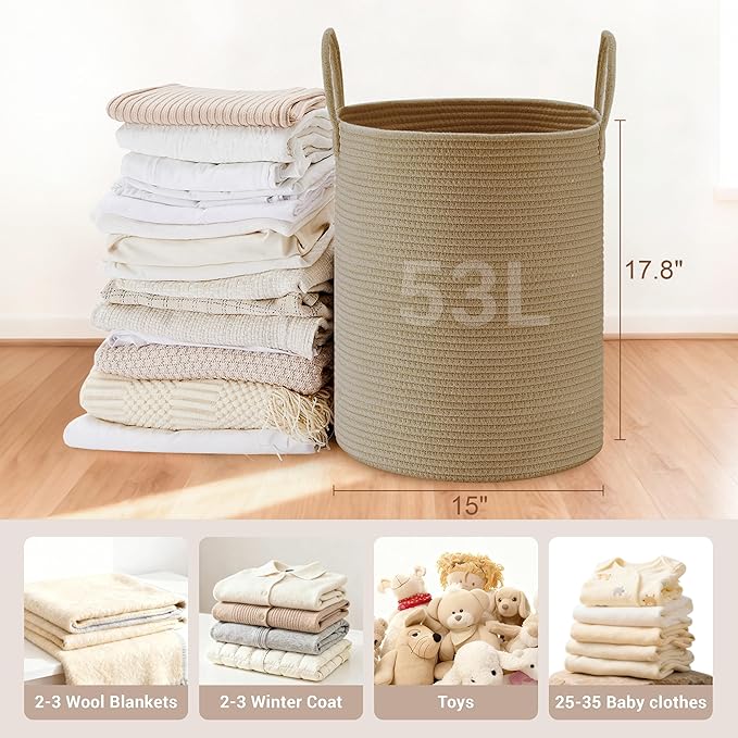 SunNewt Tall Laundry Basket with Handles, 53L Portable Dirty Clothes Hamper, Boho Cotton Rope Storage Bin for Blankets Kids Toys Gifts, Decorative Organizer for Baby Nursery Bedroom Bathroom, Jute