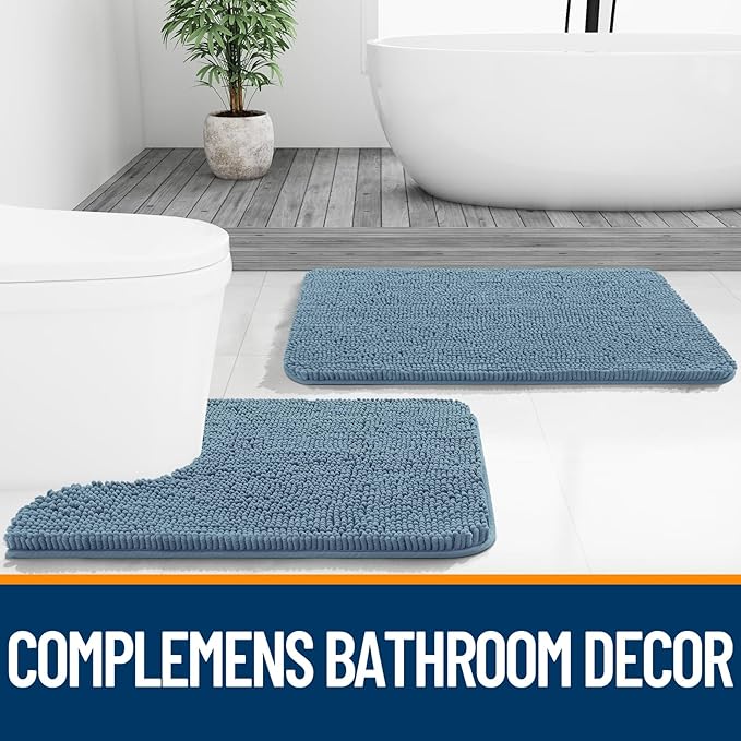OLANLY Bathroom Rugs 47x24, Extra Soft Absorbent Chenille Bath Rugs, Rubber Backing Quick Dry, Machine Washable Bath Mats for Bathroom Floor, Tub and Shower, Home Decor Accessories, Airy Blue