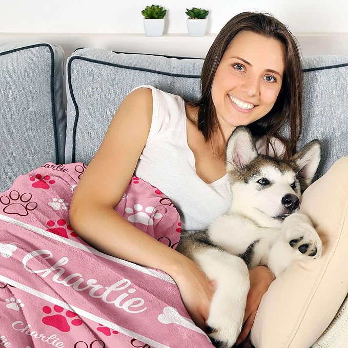 GlisterGlow Personalized Dog Blanket, Customized Pet Blankets with Name Picture, Throw Blanket for Small Medium Large Dog Puppy Cat (E-Pink)