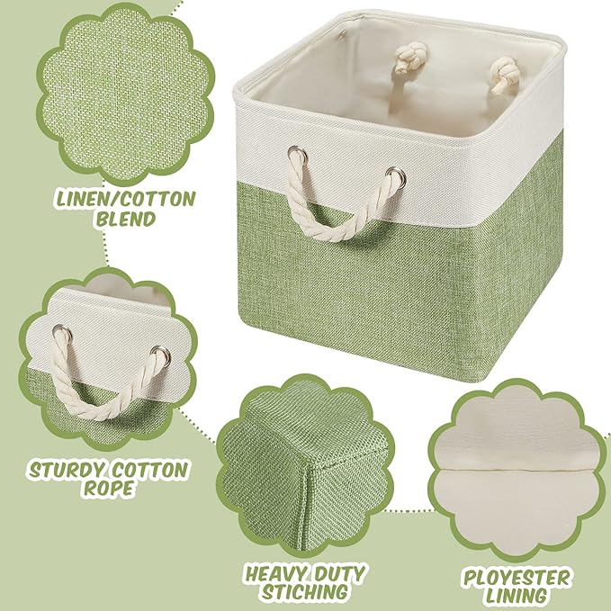 Geiserailie 6 Pcs 11 x 11 Inch Cube Storage Bins Fabric Storage Organizer Bins Foldable Cube Baskets with Sturdy Carry Handles Wicker Baskets for Home (Green,White)