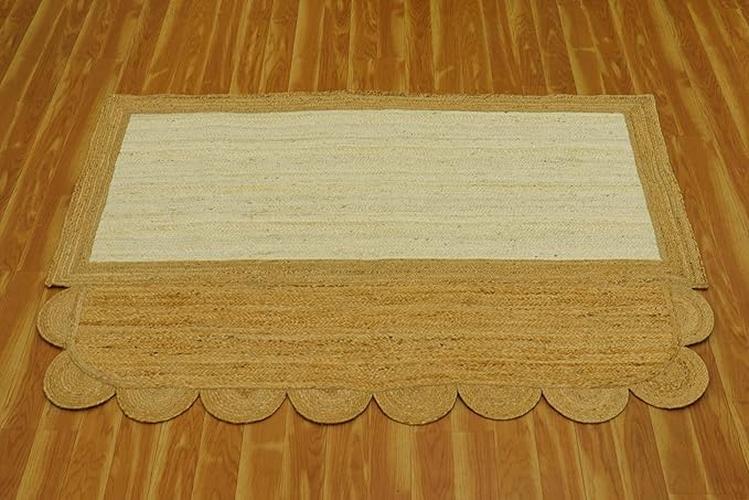 Scalloped Edge Rug, Hand Woven Natural Jute Area Rug, 4x8 Ft Beige & Brown Braided Sisal Kilim Rugs for Living Room, Kitchen, Entryway, Farmhouse