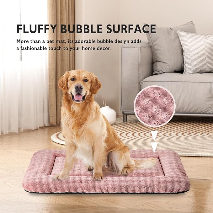 Yaning Dog Bed Mat Crate Pad for Large Dogs, Washable Soft Pet Sleeping Mat Kennel Pad with 3D Bubble Pattern, Dusty Pink, 42"x 28"