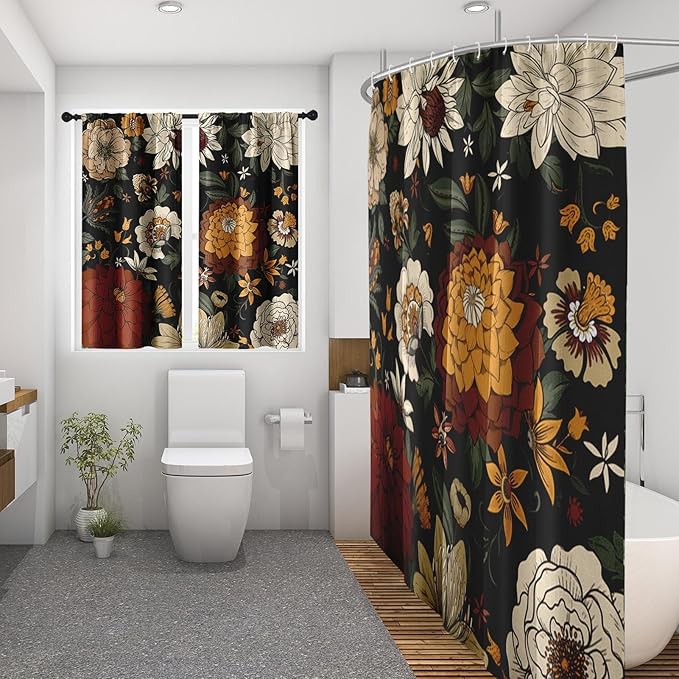 Culudea Boho Floral Black Shower Curtain Set, Vintage Flower Peony Plant Bathroom Window Waffle Textured Cloth Waterproof Shower Curtains for Bathroom Decor