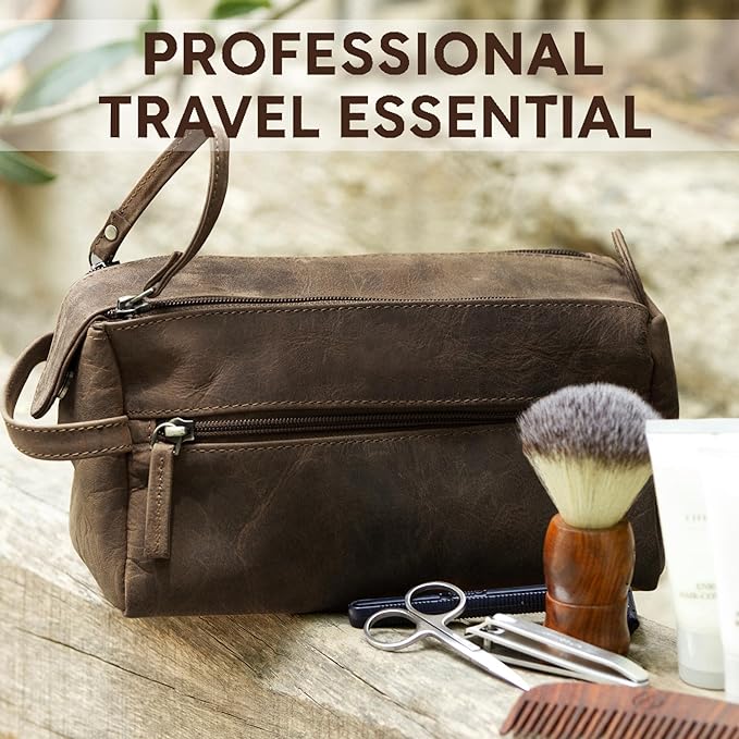 Rustic Town Leather Wash Bag for Men - Travel Toiletry Bag - Shaving Dopp Kit Toiletries Organizer - Leather Makeup Bag for Women