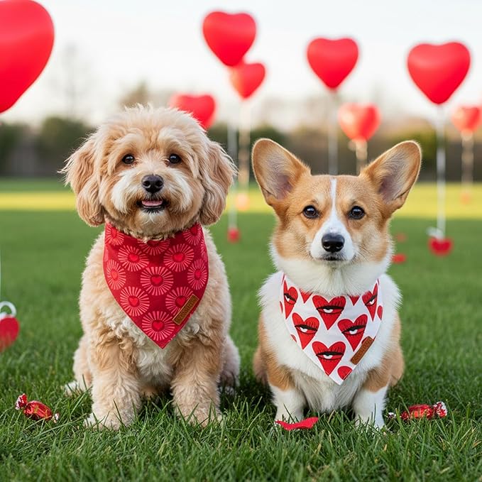 ADOGGYGO Valentines Dog Bandana 2 Pack, Heart Sunburst Eyelash Print Puppy Scarf, Durable Fabric, Red Pink Valentine Bandanas for Small Dogs (Small)