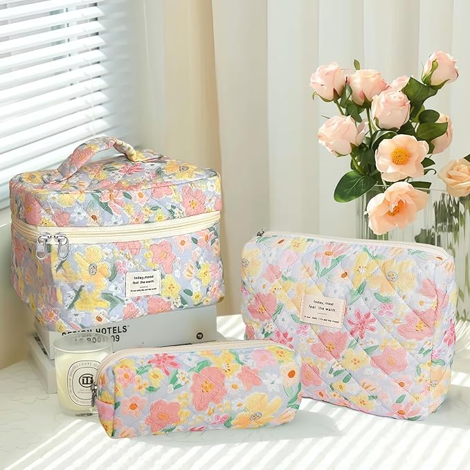 Cozomga Quilted Makeup Bag, Large Capacity Travel Cosmetic Bag for Women and Girls, Aesthetic Storage for Daily and Travel Use (3pcs-floweroilpainting Print)