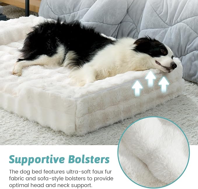 COZY KISS Orthopedic Dog Bed for Large Size Dog, Soft and Warm Faux Fur Extra Large Sofa for Pet Up to 100 lbs, Foam Bolster Anti-Slip Couch with Washable Removable Cover, XL 44x32x7 inch, Beige