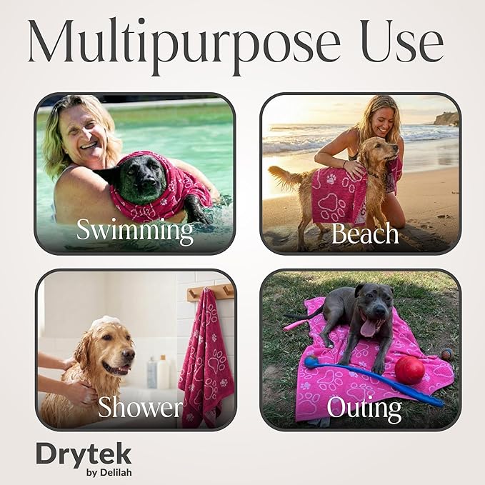 Delilah Home Drytek Dog Towel, Faster Drying, Ultra Absorbent & Odor-Resistant Dog Drying Towel Made from Recycled Bottles, Large 30x54, Quick-Dry & Sand-Resistant for Bath, Beach & Travel (Pink)