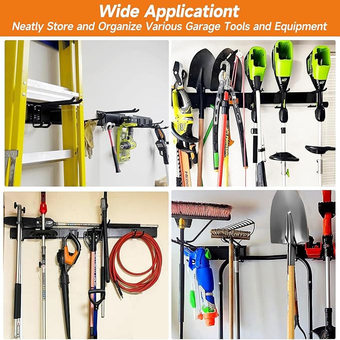 WEZAFO Garden Tool Organizer Wall Mount, Heavy Duty 48 Inches Garage Organization and Storage Racks for Yard Tools with 6 Hooks, Tool Hangers Holders for Hanging Folding Chair, Rake and Shovel