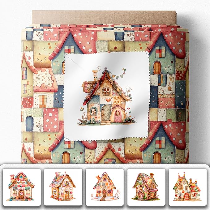 Patchwork Fairy Cottage Cotton Fabric Panel – 6 Designs (10×10 inch Each) + Bonus Sheet 29.5×19.6 inch, 100% Cotton 140 GSM, Made in Türkiye