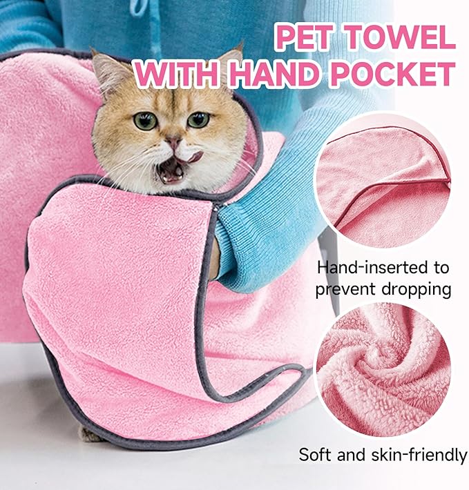KUEIOX Dog Towels for Drying Dogs Small Medium Large, 2 Pack Dog Cat Drying Bath Towel 30.3"x13.8" with Hand Pocket,Absorbent Pet Towel for Dog Cat Pink