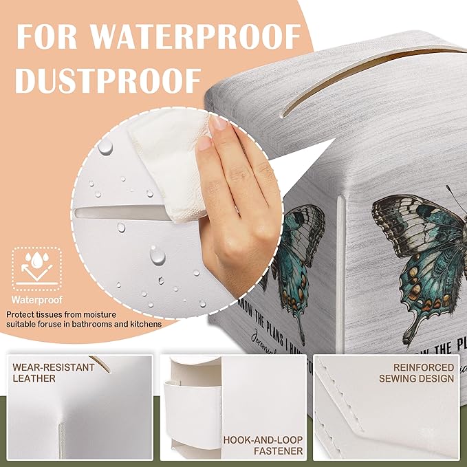Butterfly Decorative Tissue Box Cover Square, Wood Pattern Leather Tissue Box Cover Holder, Bible Verse Inspirational Gift Ideas for Friends, Bathroom Office Desk Decor-(5.2 Inches)