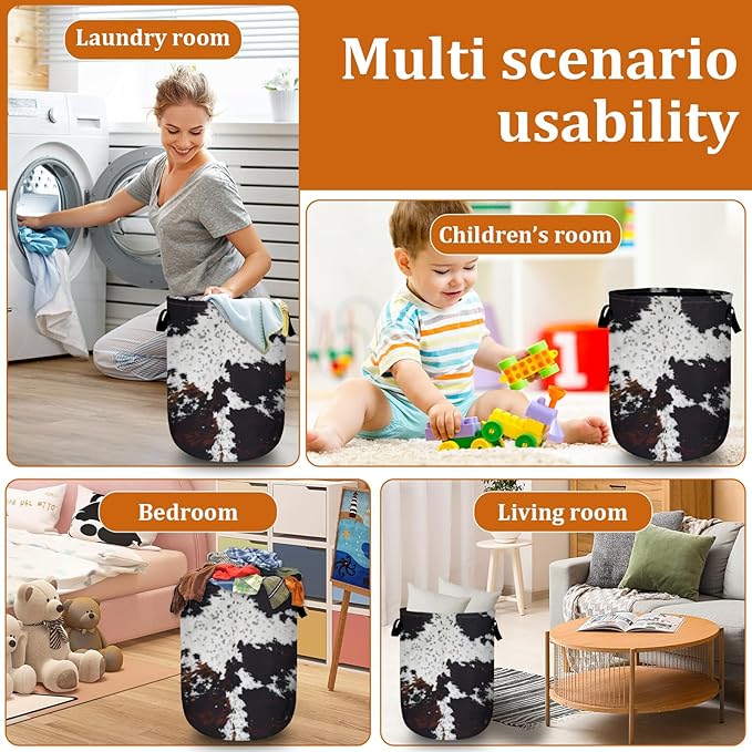 Nature Cow Print Laundry Basket with Sturdy Handles, Cow Skin Collapsible Oxford Cloth Laundry Hamper Organizer Basket for Bathroom Bedroom 15.7x20 Inch