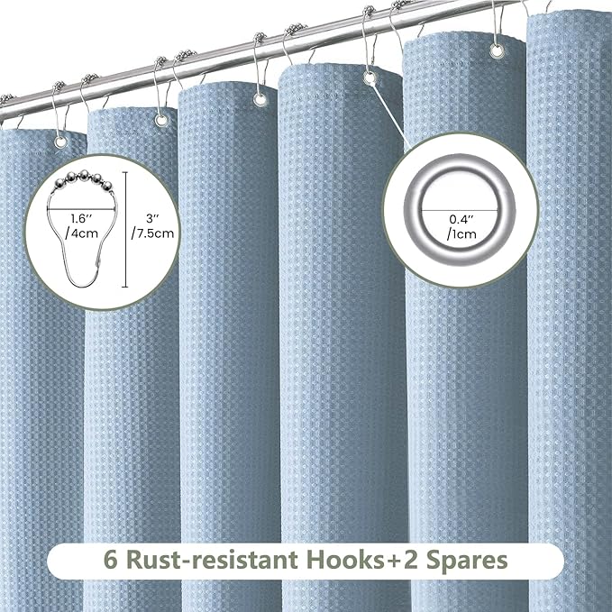 Inhousolu Fabric Shower Curtain Waffle Weave, Fog Blue 230 GSM Heavy Duty, Weighted Hem, 8 Metal Hooks, Water Repellent, Machine Washable, Hotel Spa Luxury Bath Curtain Set, 36 x 72 Inch